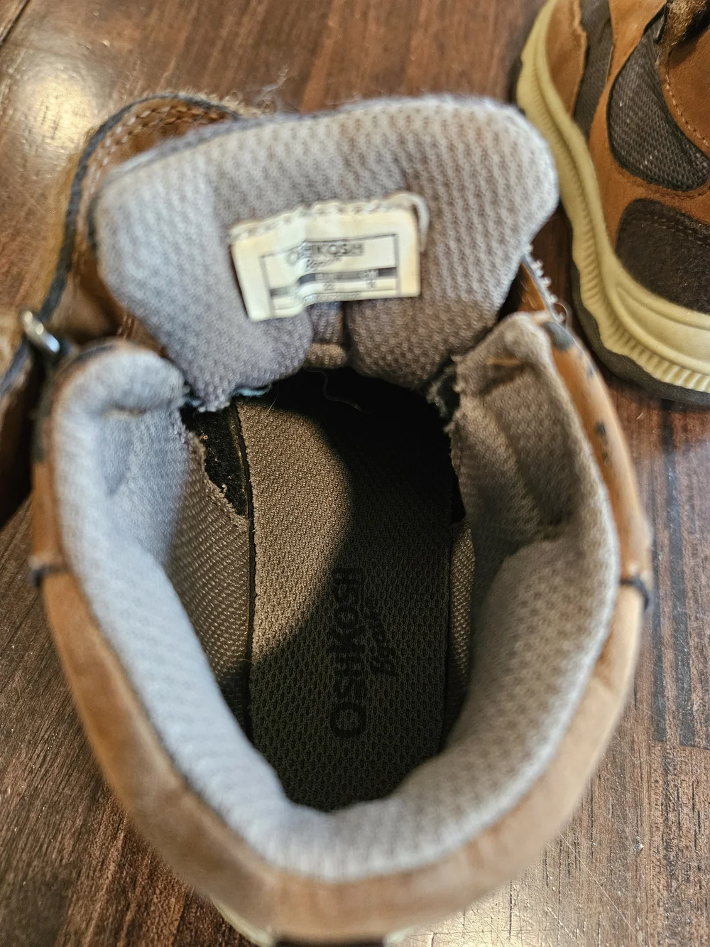 OshKosh B'gosh Brown and Gray Kids High-Top Boots with Red Laces